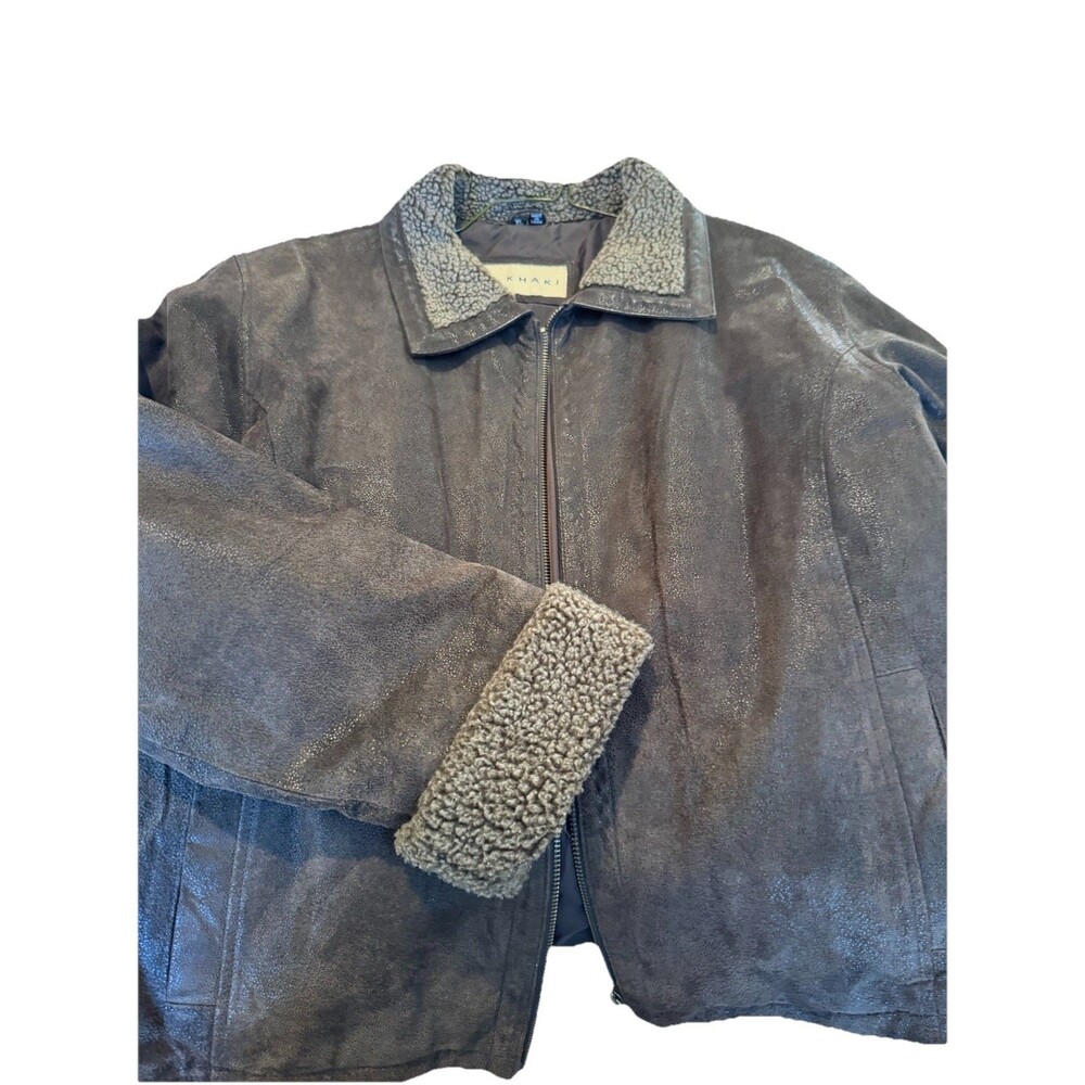 J. Khaki Men’s Brown Leather Bomber Jacket Sherpa Collar Size XL Aviator Style - Picture 2 of 10